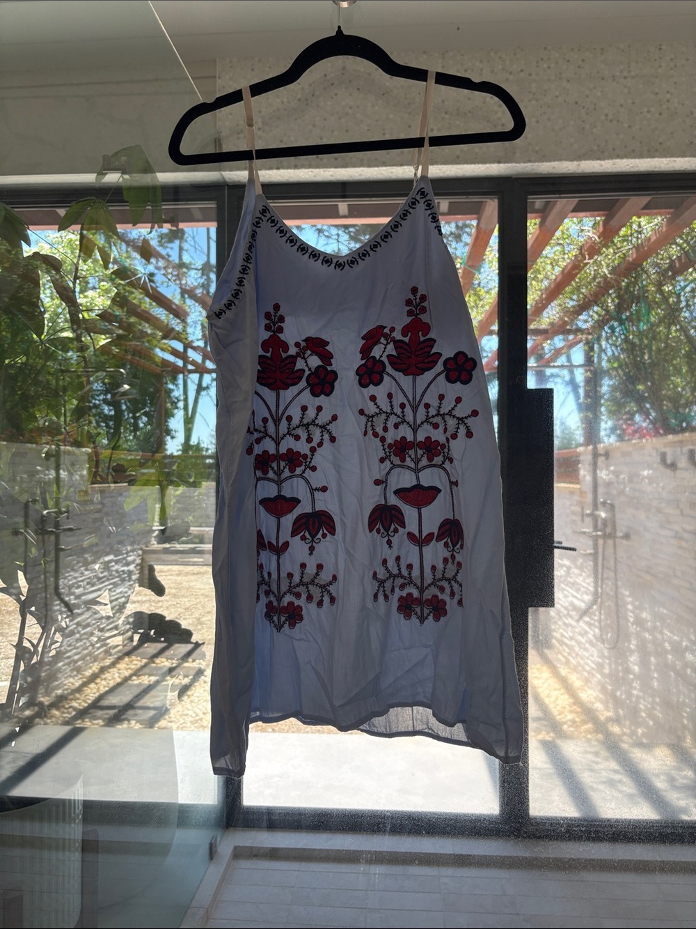 Embroidered White Mini Dress with Red Floral Details